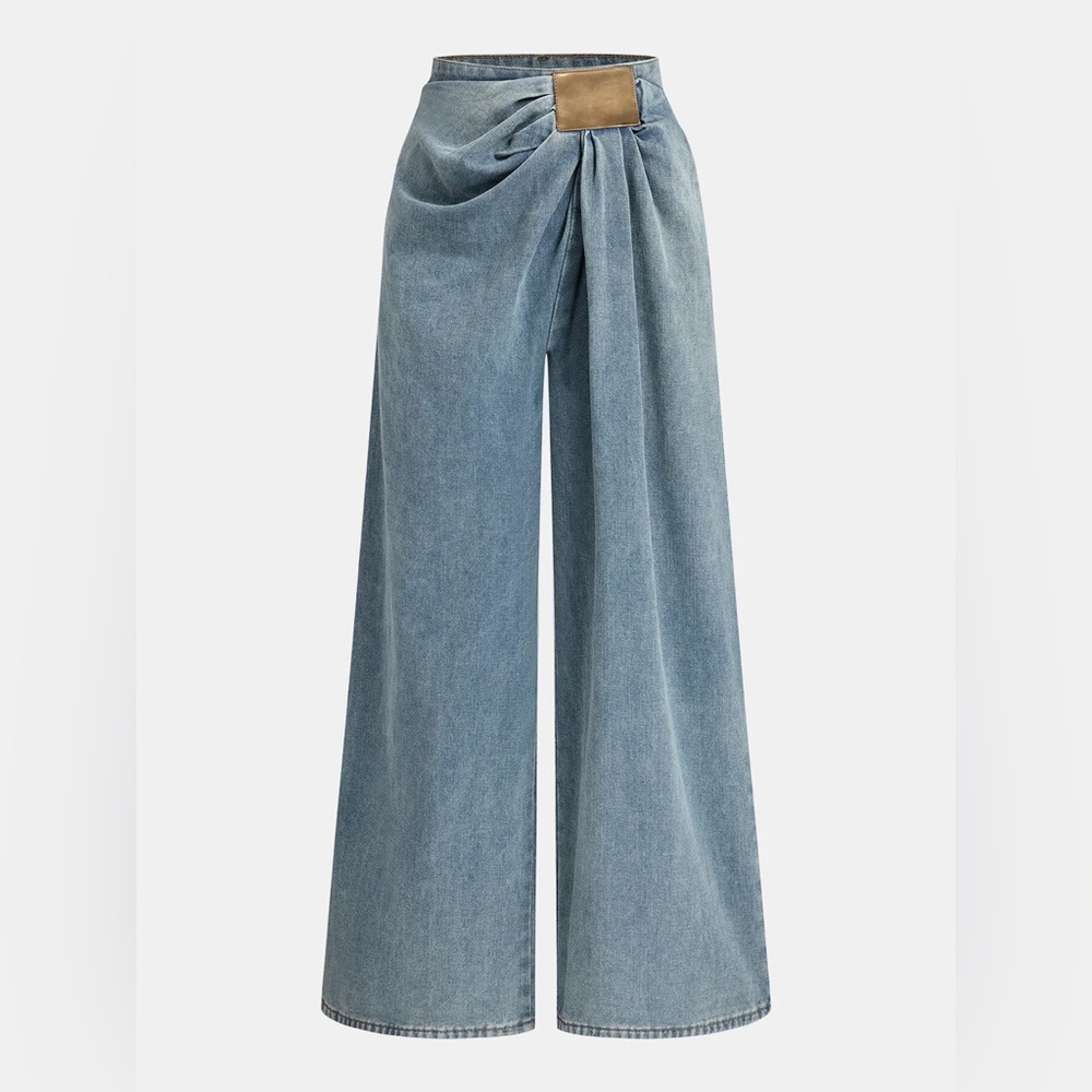 Commense Asymmetrical Ruched Denim Wide-Leg Pants
Size L